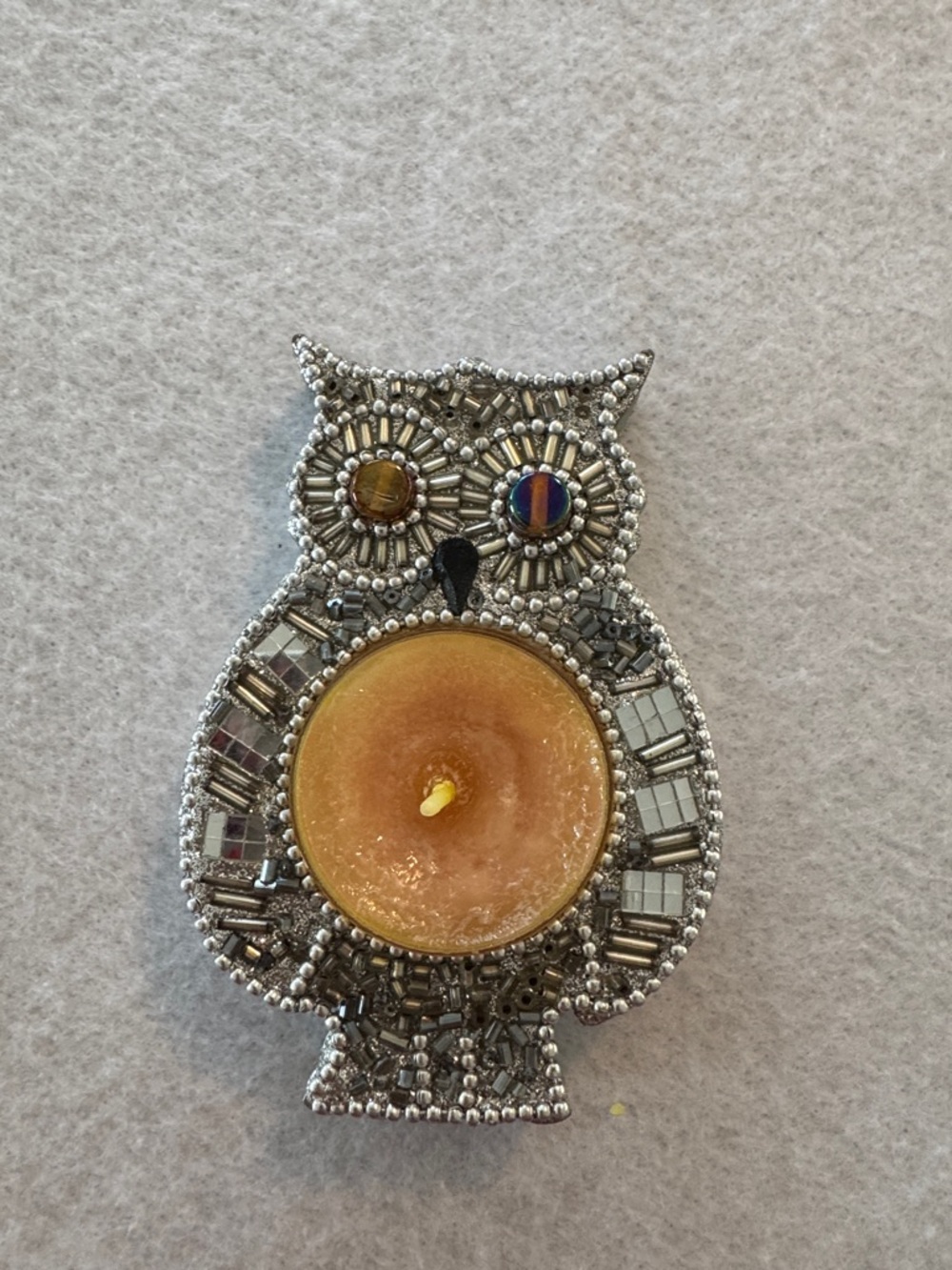Beaded Owl Tea Light Candle Holder - Silver with Amber Accent